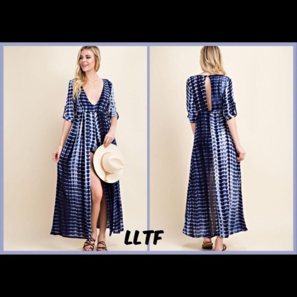 Tie Dye Romper/Maxi Dress- NAVY - Picture 3 of 6